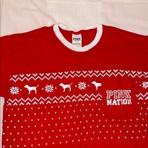 PINK Victoria's Secret Red & White Holiday Dog Ringer Tee